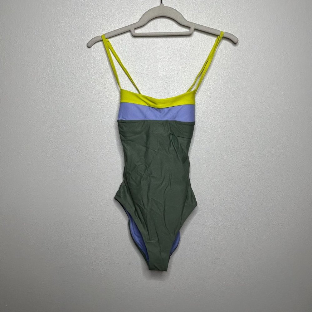 NEW Prana Green Color Block Lurisa One Piece Strappy Swimsuit Preppy Minimalist